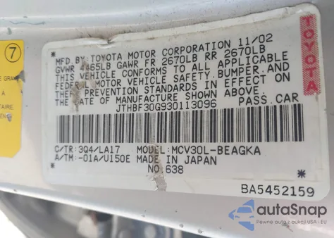 2003 Lexus Es 300 из США, поврежденный, VIN JTHBF30G930113096